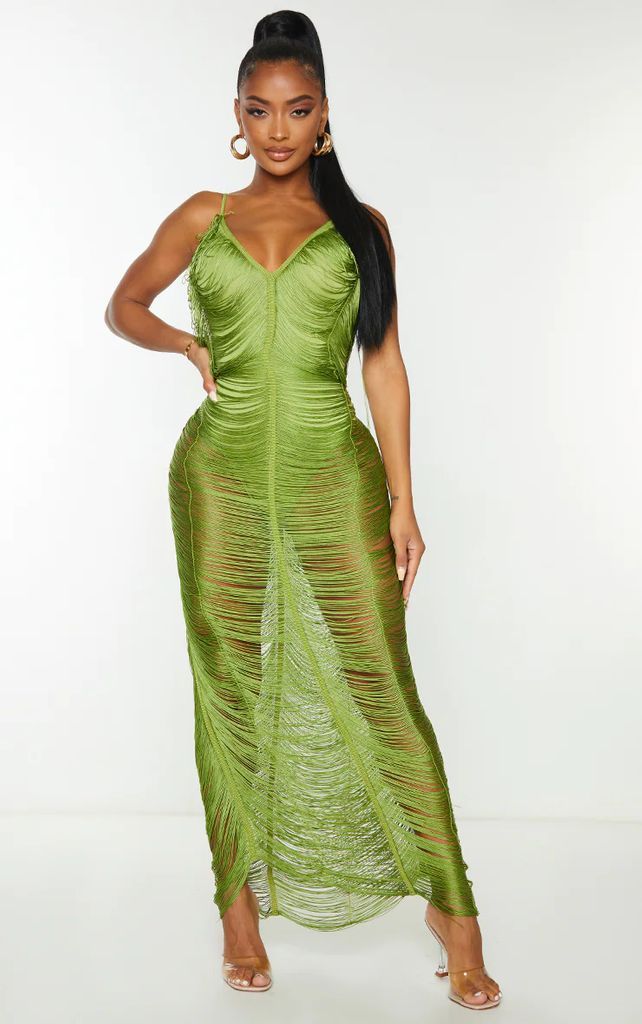 Shape Olive Fringe Detail Midaxi Dress, Green