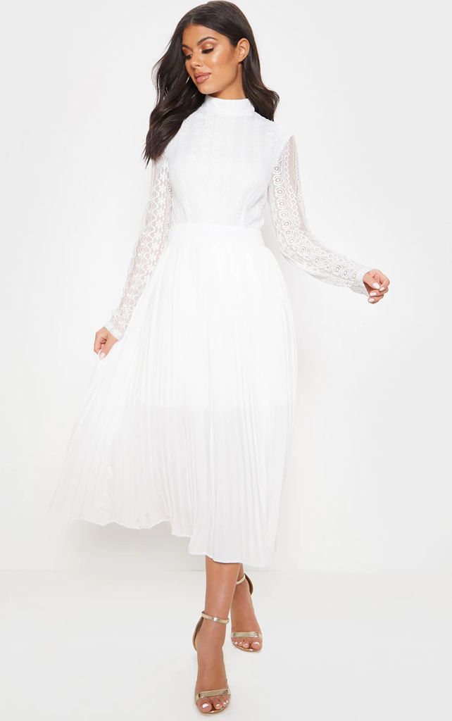 White Lace Top Pleated Midi Dress, White