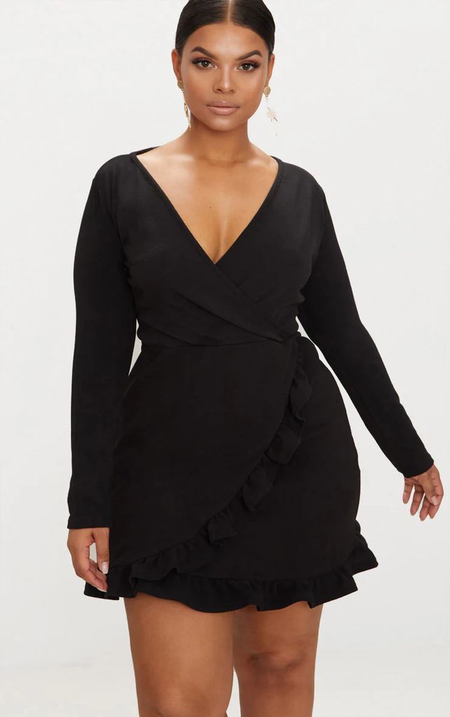 Plus Black Long Sleeve Ruffle Wrap Dress, Black