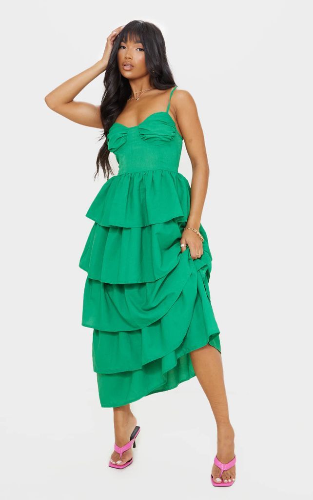 Bright Green Cup Detail Strappy Tiered Maxi Dress, Bright Green