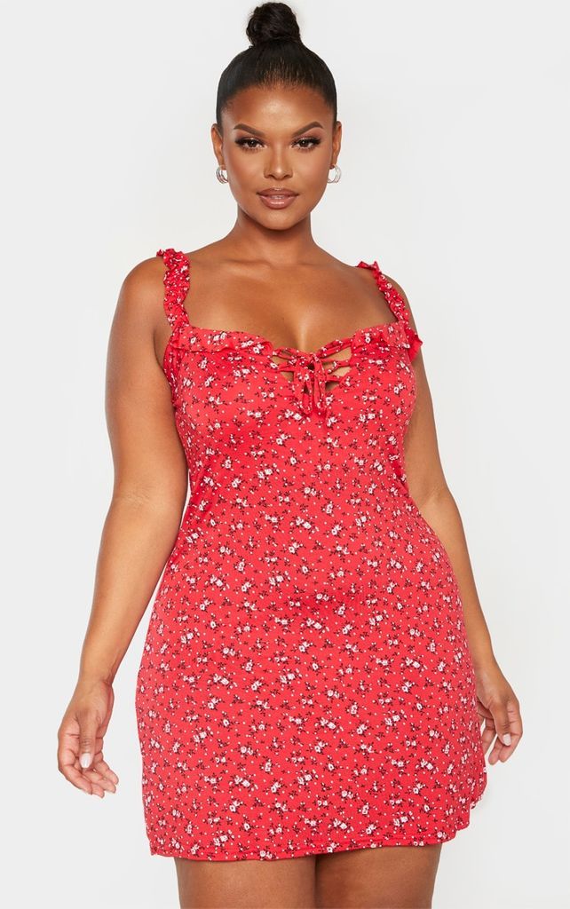 Plus Red Ditsy Floral Print Frill Detail Shift Dress, Red