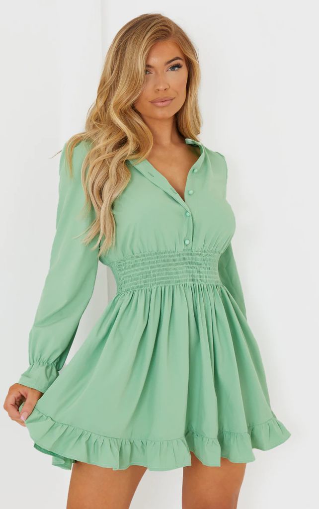 Sage Green Shirred Waist Shirt Dress, Sage Green