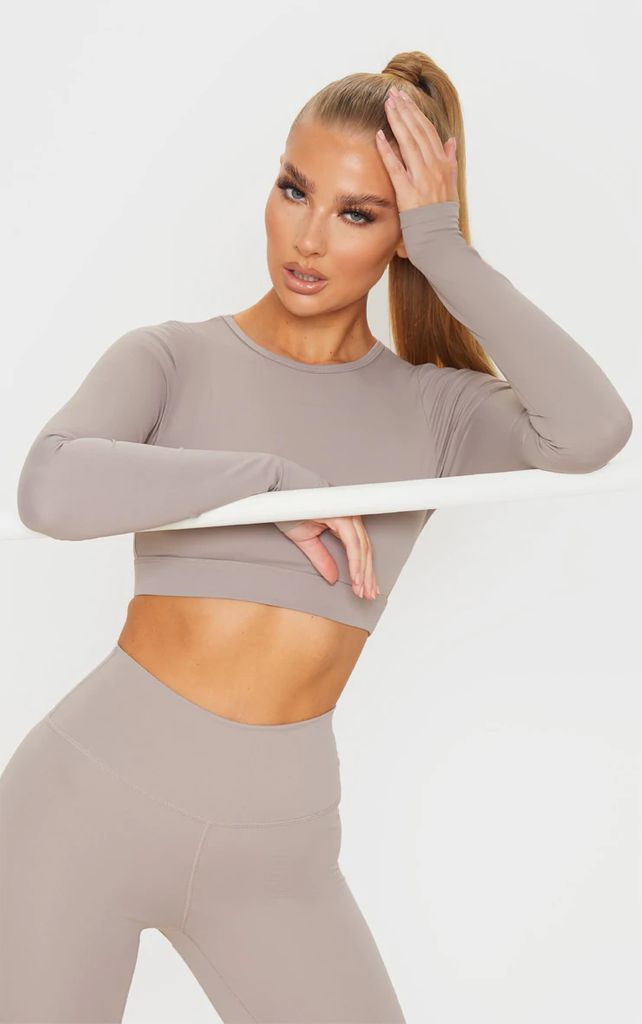 Taupe Sculpt Luxe Long Sleeve Sports Top, Brown