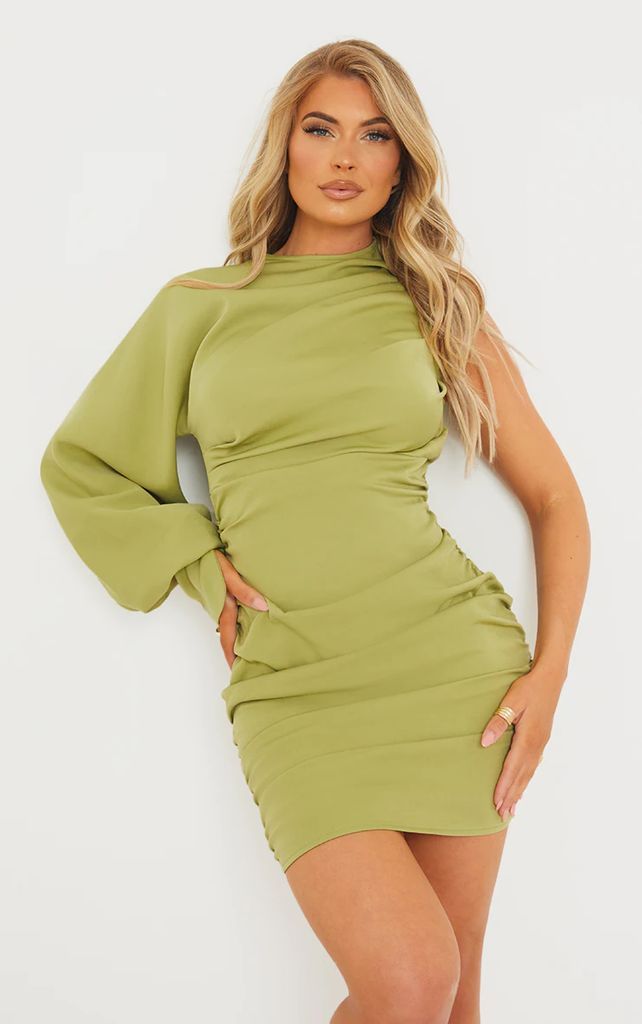 Sage Green One Sleeve Ruched Woven Bodycon Dress, Sage Green