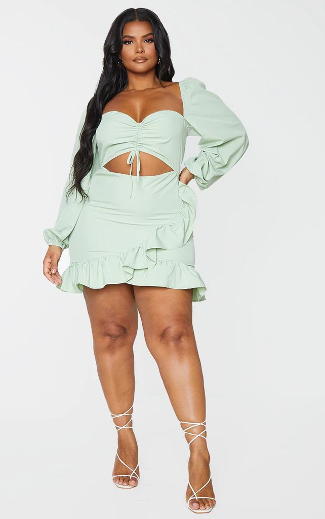 Plus Sage Green Cut Out Puff Sleeve Dress, Sage Green