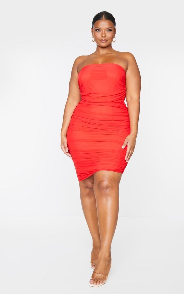 Plus Red Layered Mesh Ruched Strapless Bodycon Dress, Red