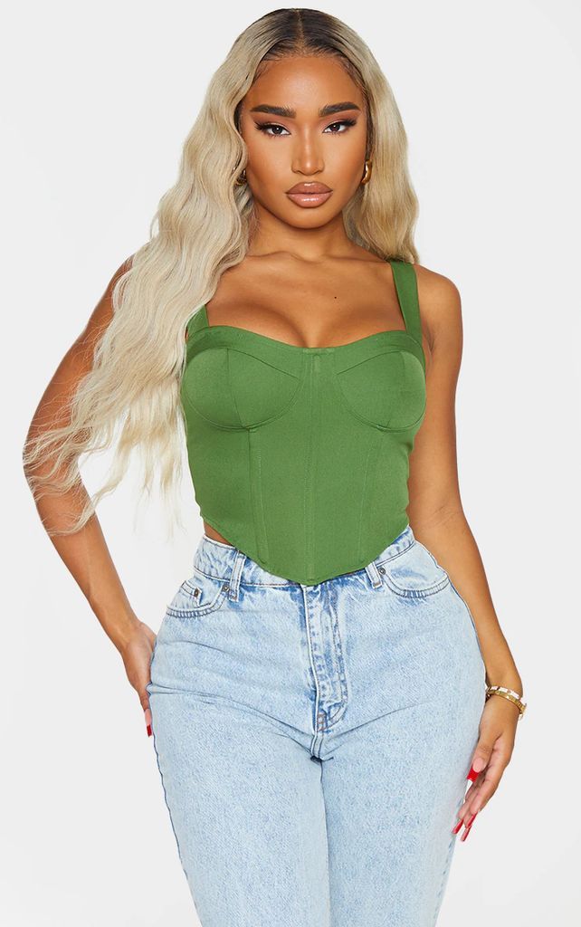 Shape Khaki Woven Corset Crop Top, Green