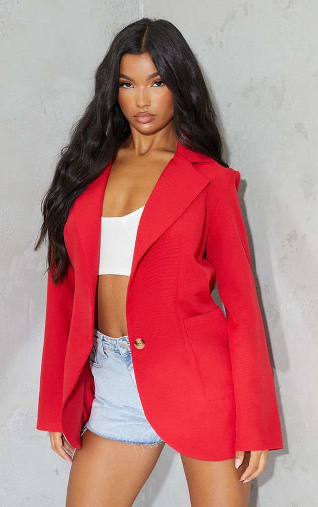 Red Basic Single Breasted Oversized Blazer, Red