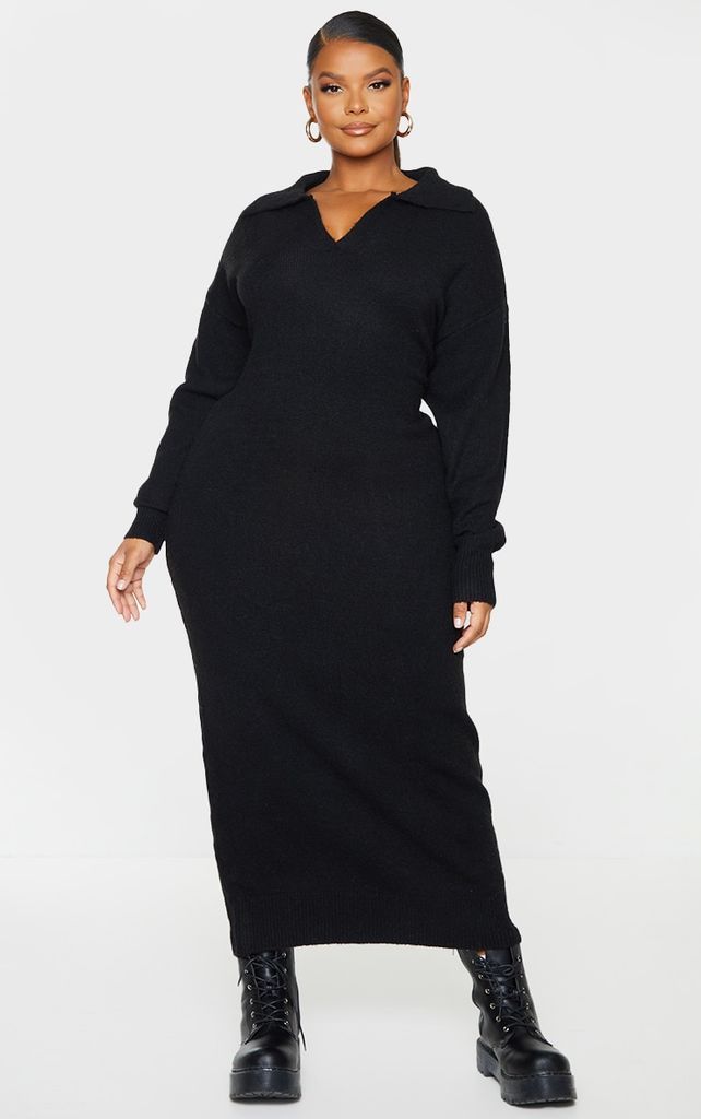Plus Black Collar Detail Cosy Knitted Midaxi Dress, Black