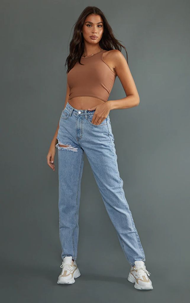 Tall Light Blue Wash Thigh Ripped Mom Jeans, Light Blue Wash