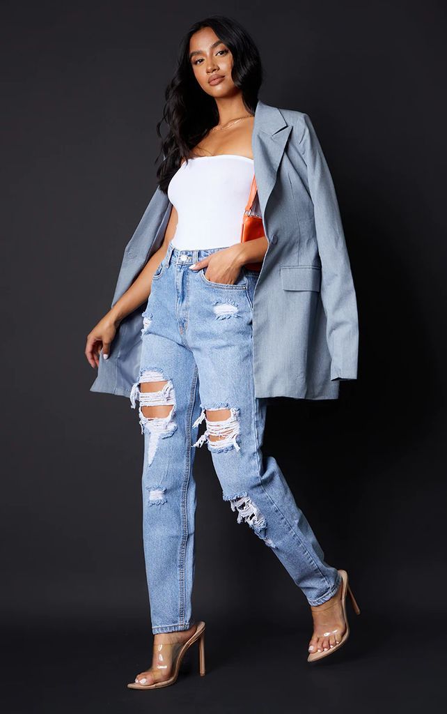Petite Light Blue Wash Ripped Mom Jeans, Blue