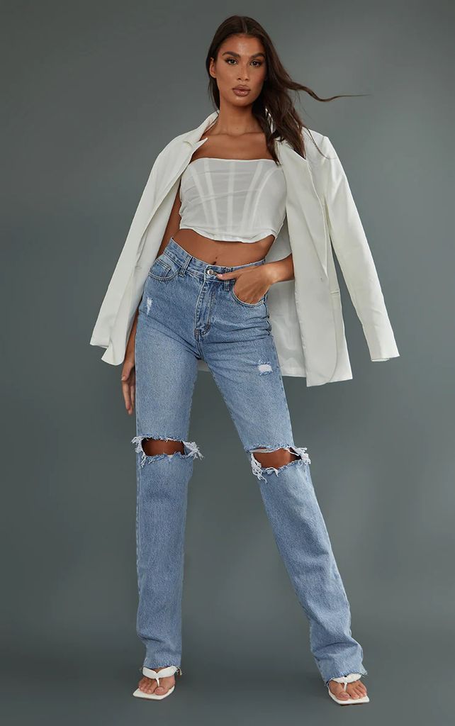 Tall Light Wash Extra Long Ripped Straight Leg Jeans, Light Blue Wash