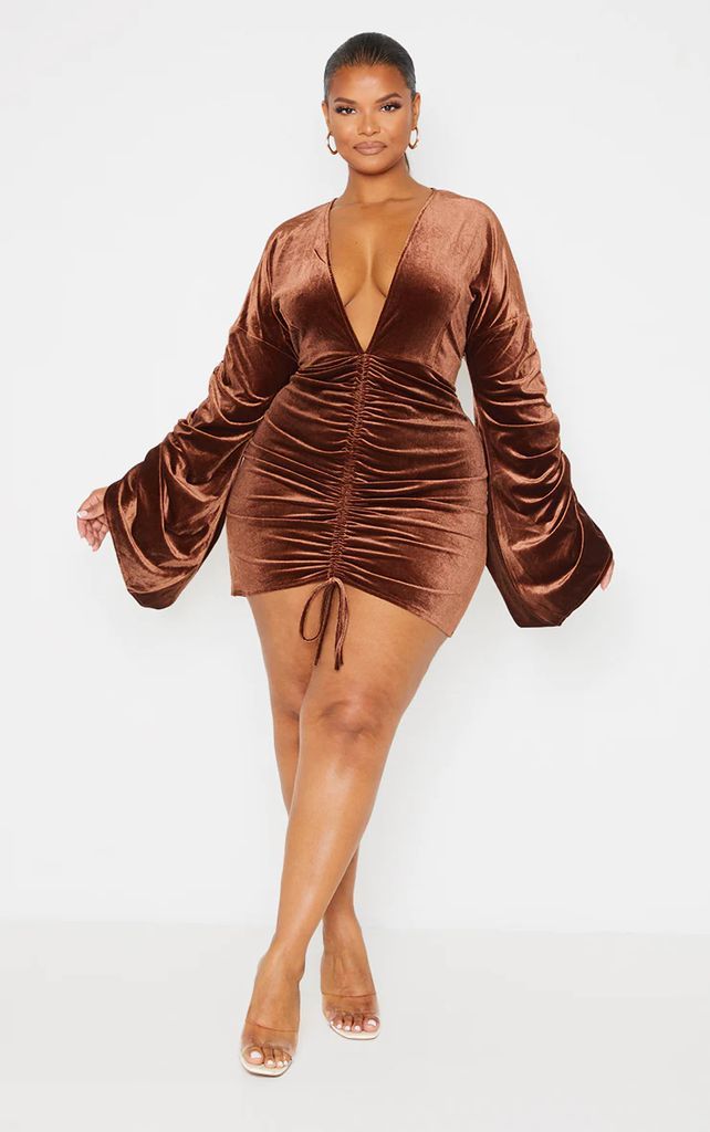 Plus Chocolate Velvet Plunge Ruched Front Bodycon Dress, Chocolate