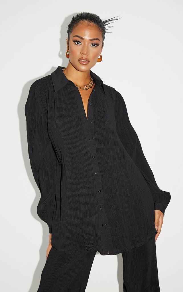 Tall  Black Plisse Oversized Cuff Detail Shirt, Black