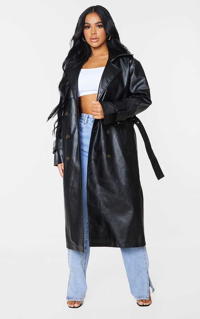 Petite Black Faux Leather Sleeve Detail Trench Coat, Black