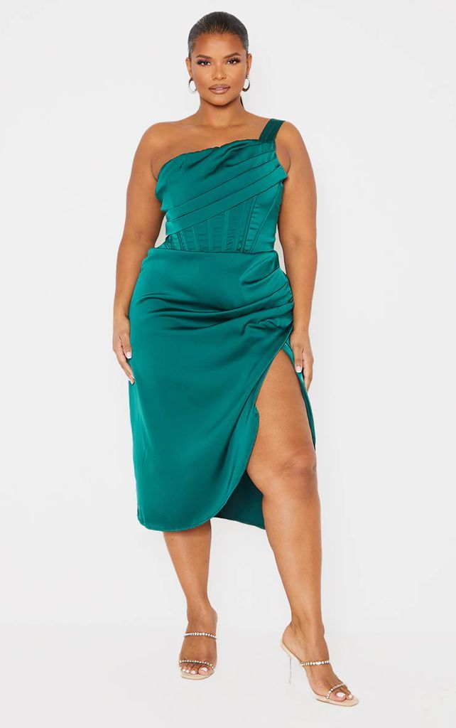 Plus Emerald Green Satin Drape Detail Side Split Midi Dress, Emerald Green