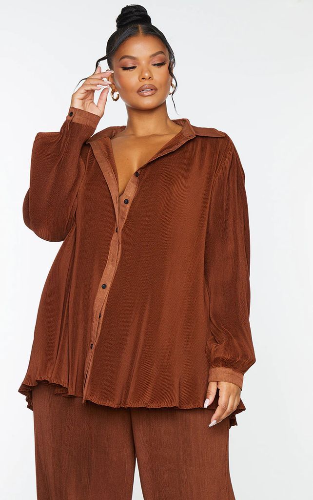 Plus Chocolate Plisse Button Front Oversized Shirt, Chocolate