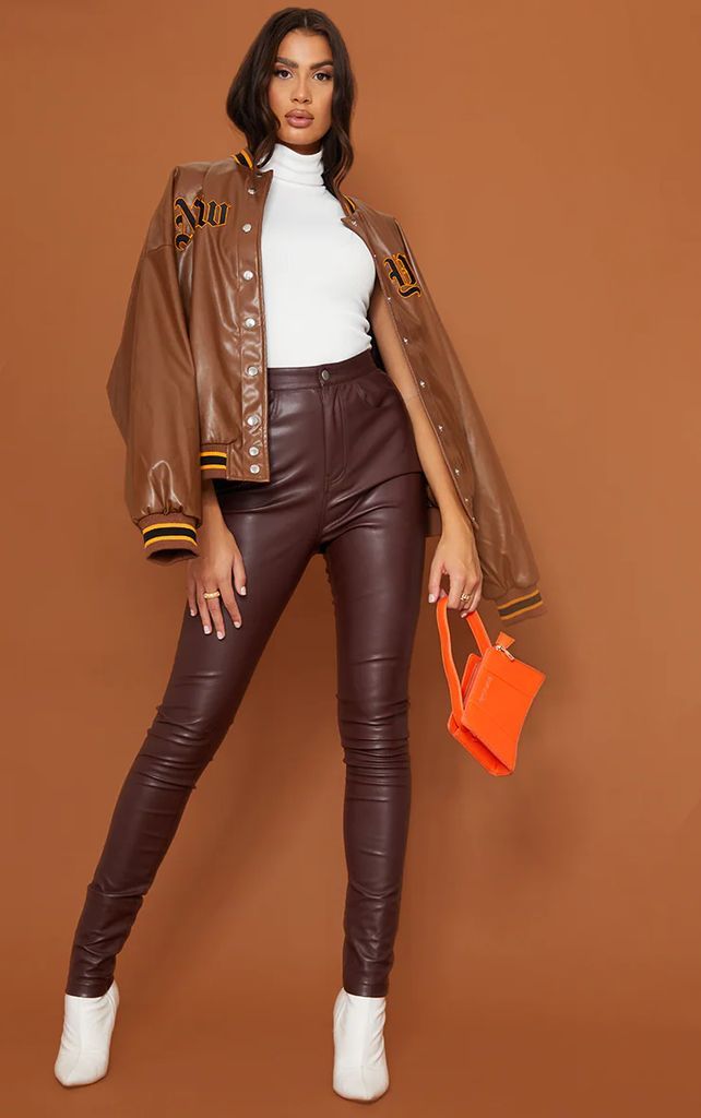 Tall Chocolate Button Up Faux Leather Skinny Trousers, Chocolate