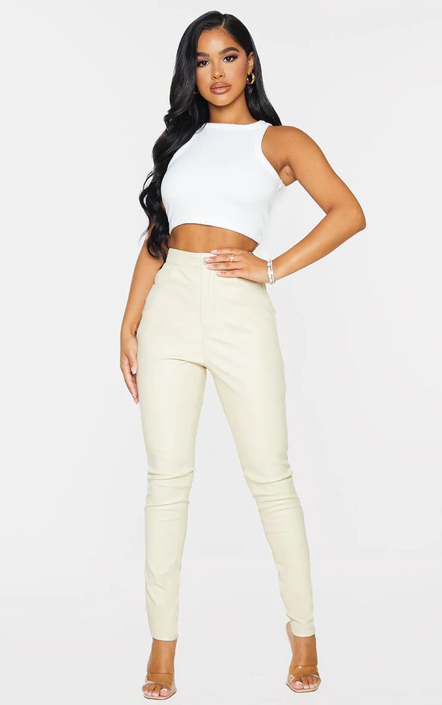 Petite Cream Button Up Faux Leather Skinny Trousers, White