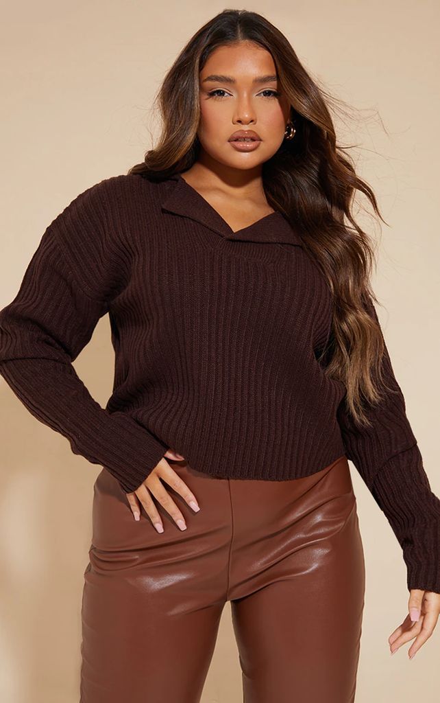 Plus Chocolate Knitted V Neck Jumper, Chocolate