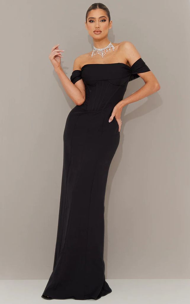 Black Corset Detail Bardot Bridesmaid Dress, Black