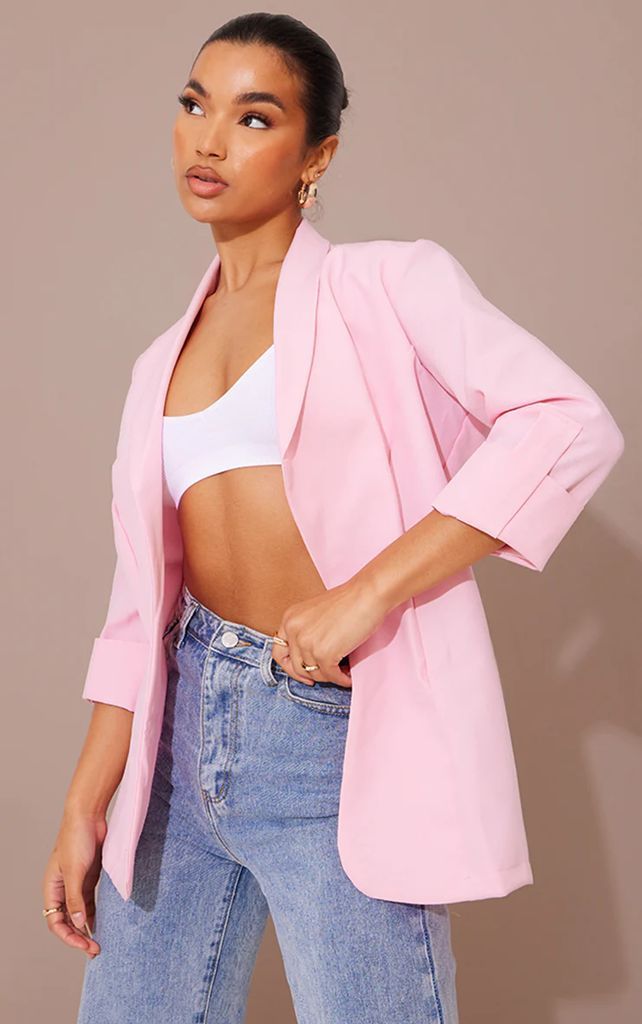 Pink Basic Turn Up Sleeve Blazer, Pink