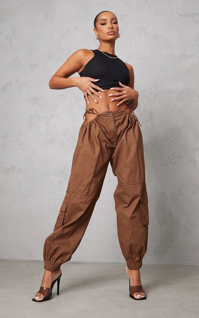 Chocolate Woven Cut Out Cargo Joggers, Chocolate