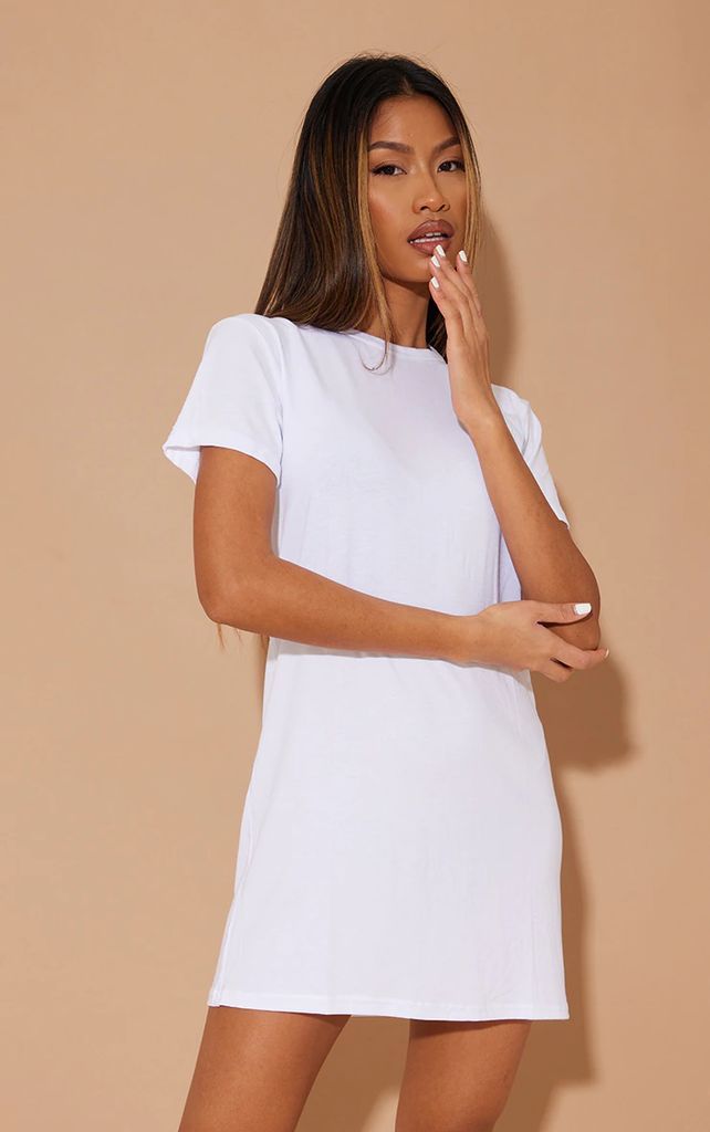 Basic White Short Sleeve T Shirt Dress, White