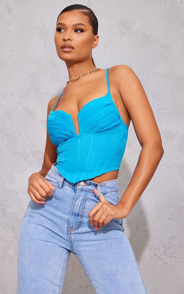 Bright Blue Strappy Pleated Bust Corset Detail Crop Top, Bright Blue