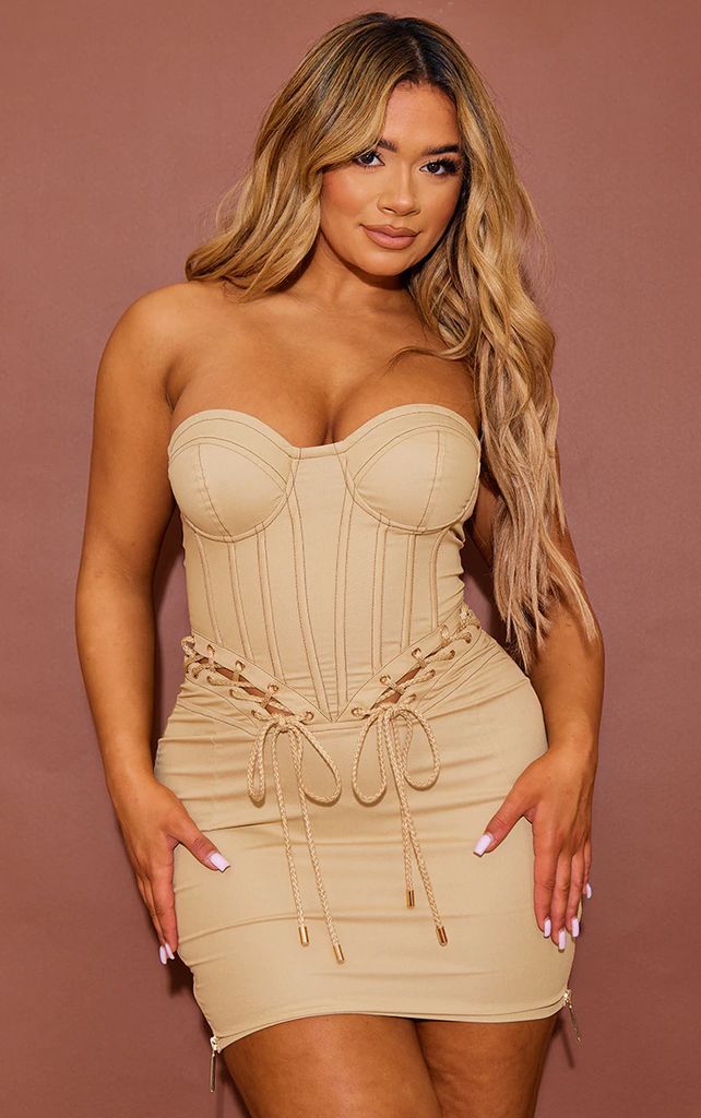 Shape Stone Rope Detail Lace Up Corset Bodycon Dress, White