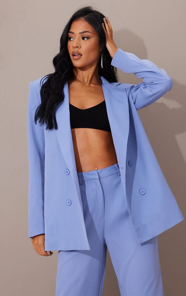 Tall  Blue Shoulder Pad Oversized Double Breasted Blazer, Blue