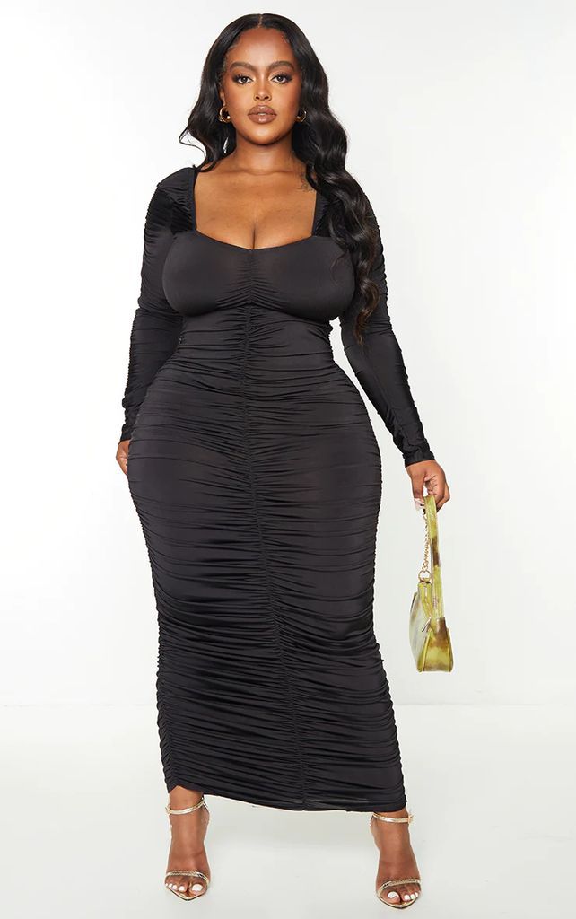 Plus Black Long Sleeve Extreme Ruched Midaxi Dress, Black