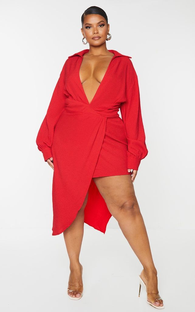 Plus Red Plunge Wrap Textured Dress, Red