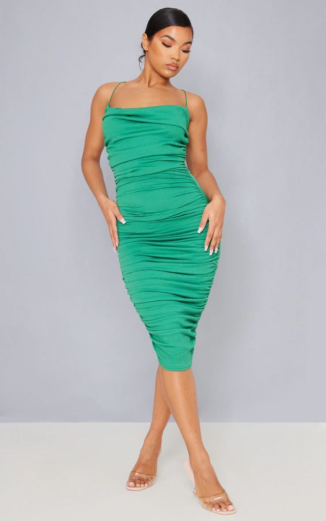 Green Crinkle Texture Ruched Cowl Neck Midi Dress, Green