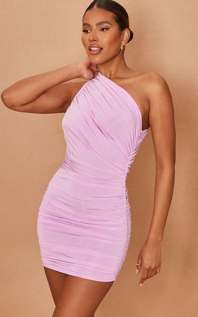 Lilac Slinky Ruched One Shoulder Bodycon Dress, Purple