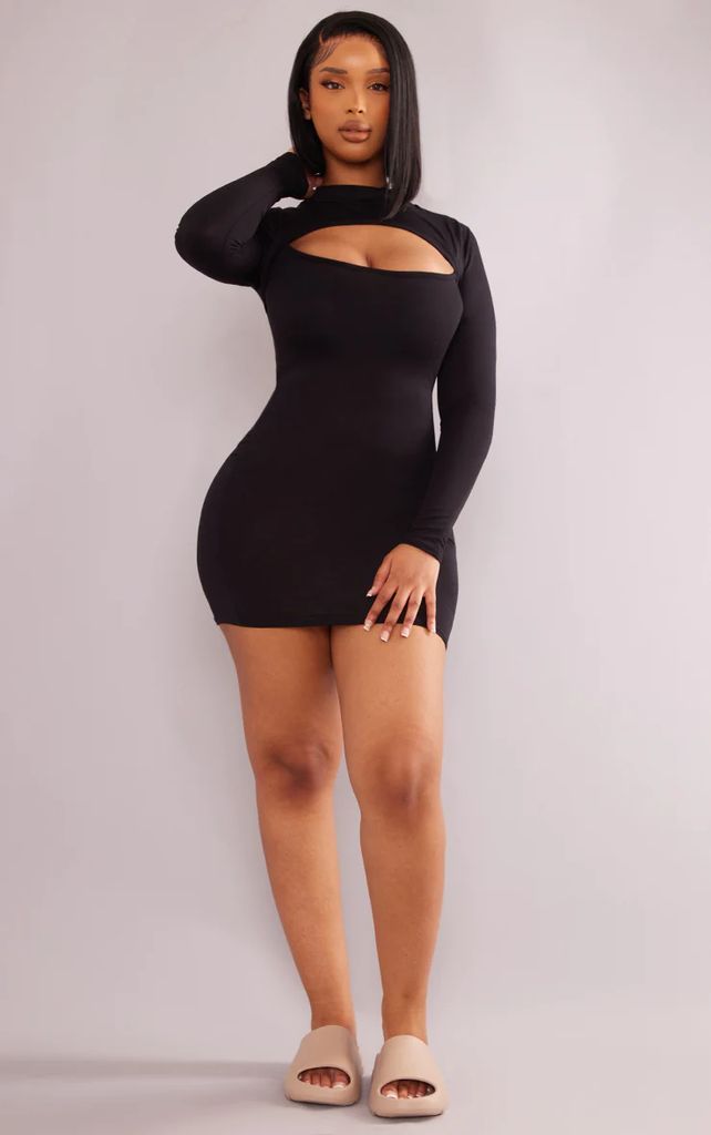 Shape Black Jersey Cut Out Long Sleeve Bodycon Dress, Black