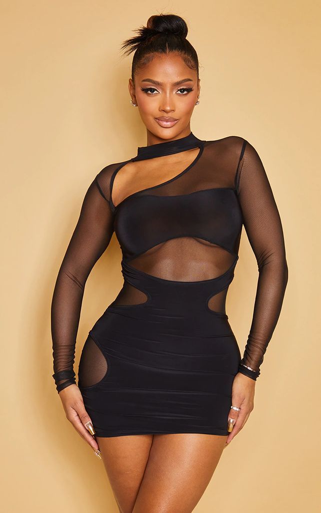 Shape Black Mesh Slinky Overlay Long Sleeve Bodycon Dress, Black