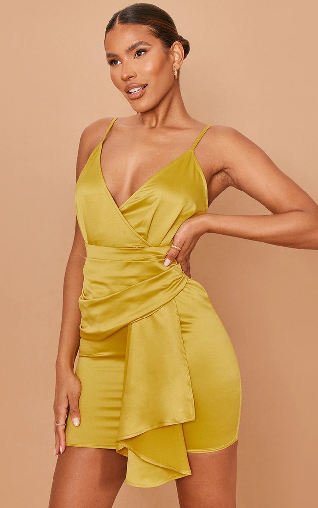 Chartreuse Strappy Satin Draped Panel Bodycon Dress, Chartreuse