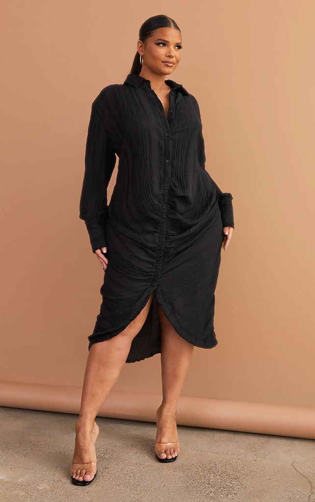 Plus Black Textured Gathered Detail Long Sleeve Maxi Shirt Dress, Black