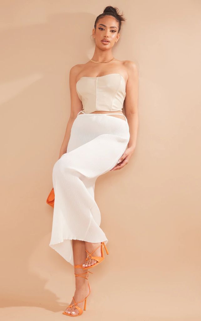 White Plisse Cut Out Waist Midaxi Skirt, White