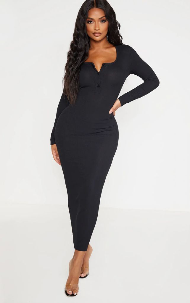 Shape Black Ribbed Button Front Long Sleeve Midaxi Dress, Black