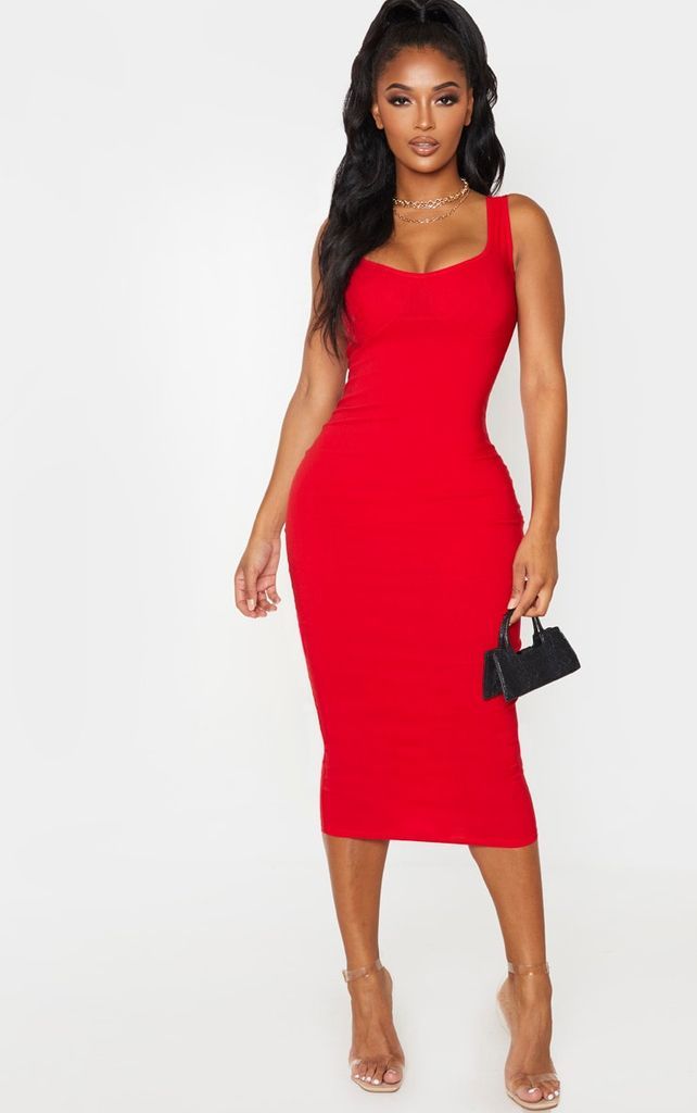 Shape Red Cup Detail Strappy Midi Dress, Red