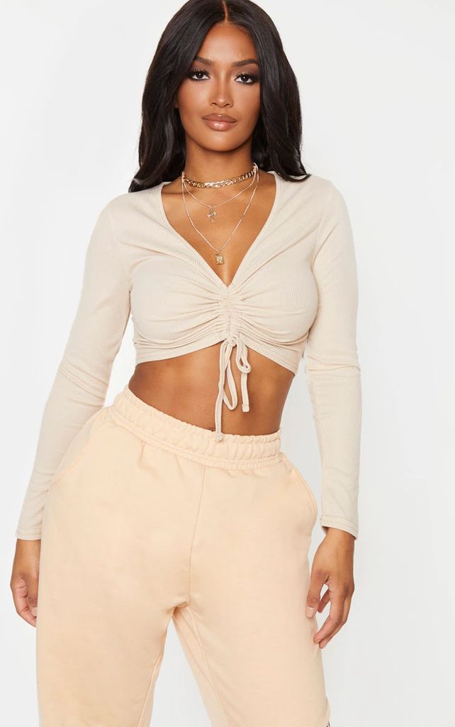 Shape Sand Ribbed Long Sleeve Ruched Front Crop Top, Sand