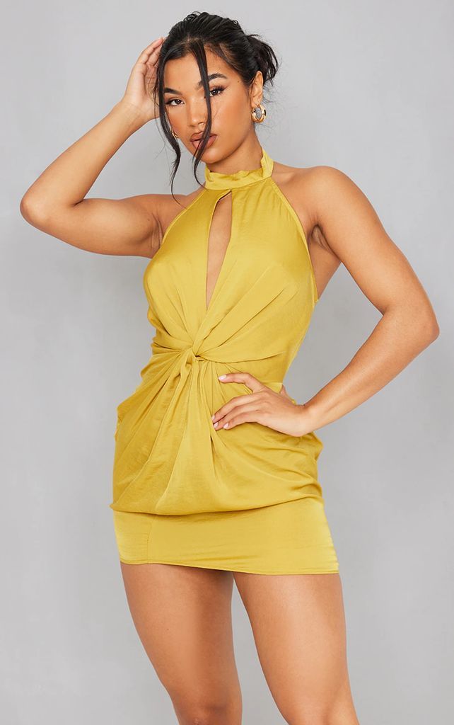 Chartreuse Hammered Satin Halterneck Draped Bodycon Dress, Chartreuse