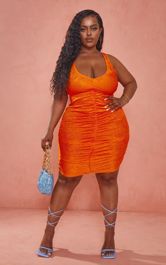 Plus Orange Textured Ruched Bodycon Dress, Orange