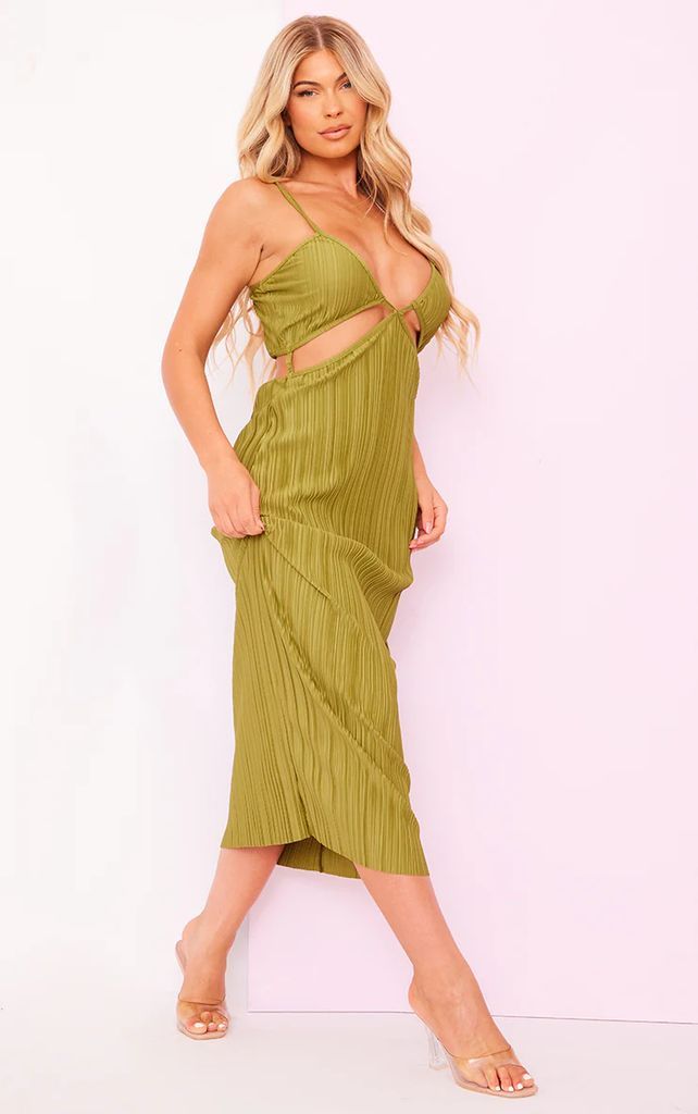 Olive Plisse Strappy Cut Out Midaxi Dress, Green