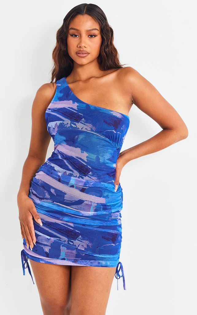 Blue Abstract Print Mesh One Shoulder Ruched Bodycon Dress, Blue