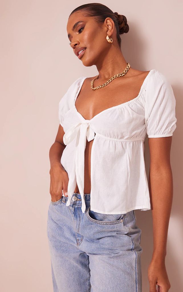 White Linen Feel Knot Front Puff Sleeve Top, White