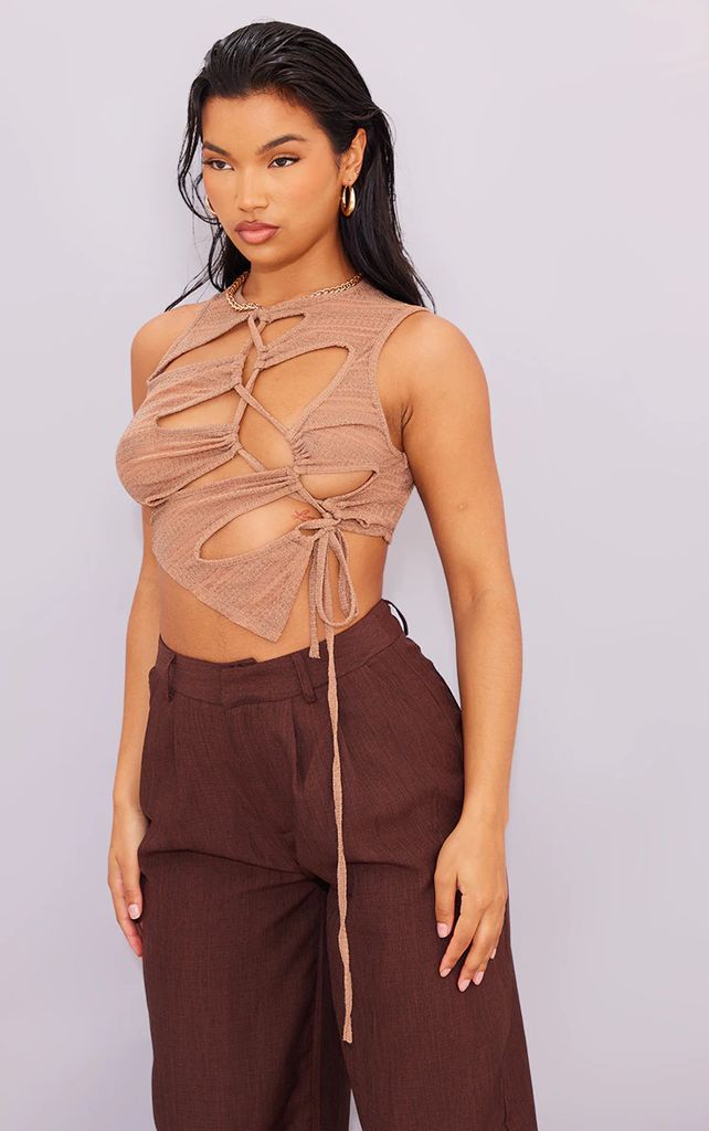 Taupe Sheer Lace Up Front Cut Out Sleeveless Crop Top, Brown