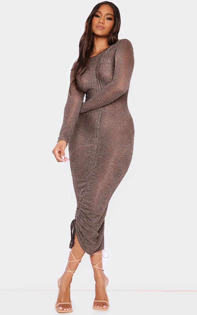 Chocolate Textured Ruched Long Sleeve Midaxi Dress, Chocolate